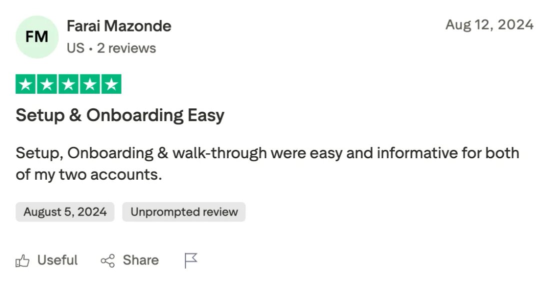 Trustpilot screenshot from Farai Mazonde: Setup & Onboarding Easy