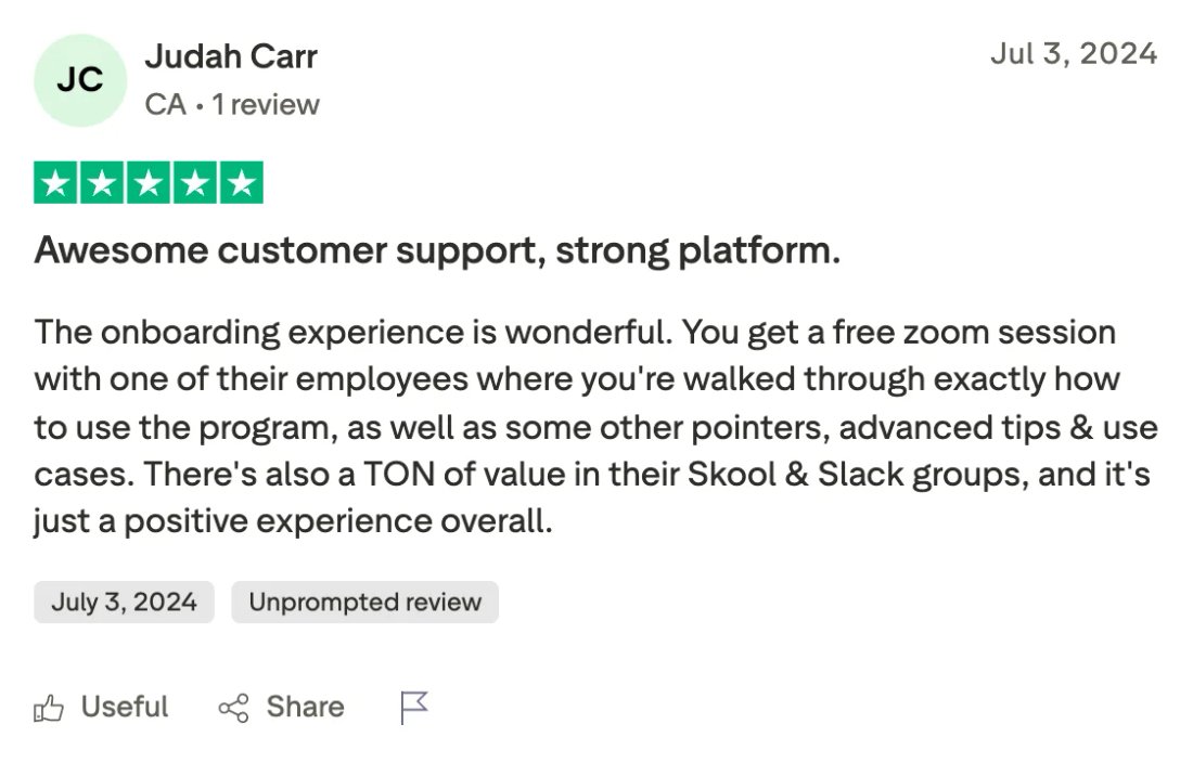 Trustpilot screenshot from Judah Carr: Awesome customer support, strong platform.