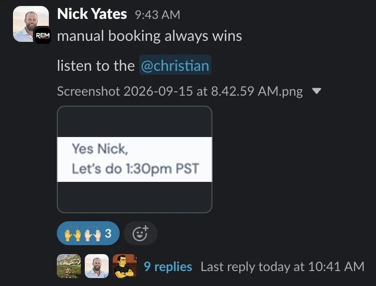 Slack screenshot from Nick Yates: call booked