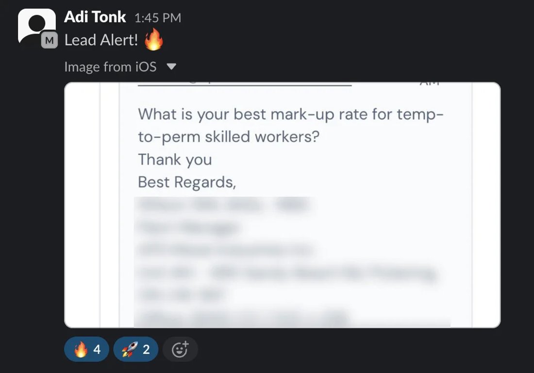 Slack screenshot from Adi Tonk: lead alert
