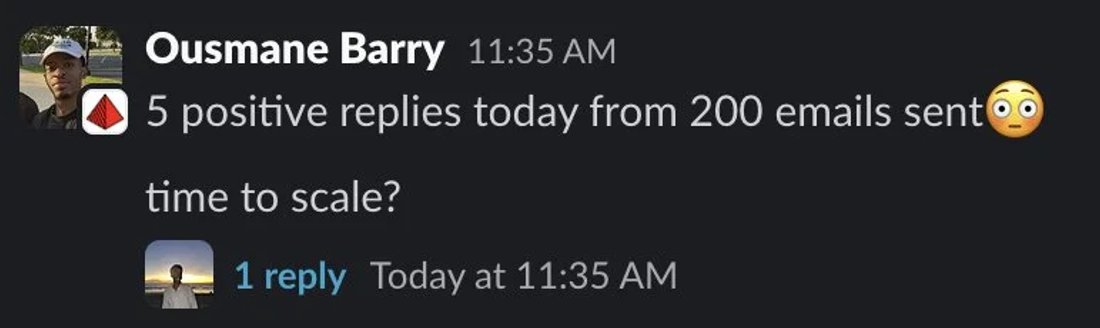 Slack screenshot from Ousmane Barry: 5 positive / 200 sent