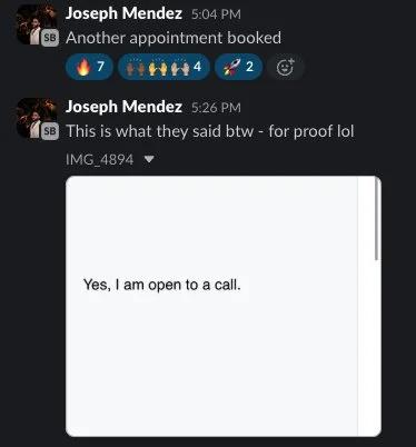 Slack screenshot from Joseph Mendez: appointment