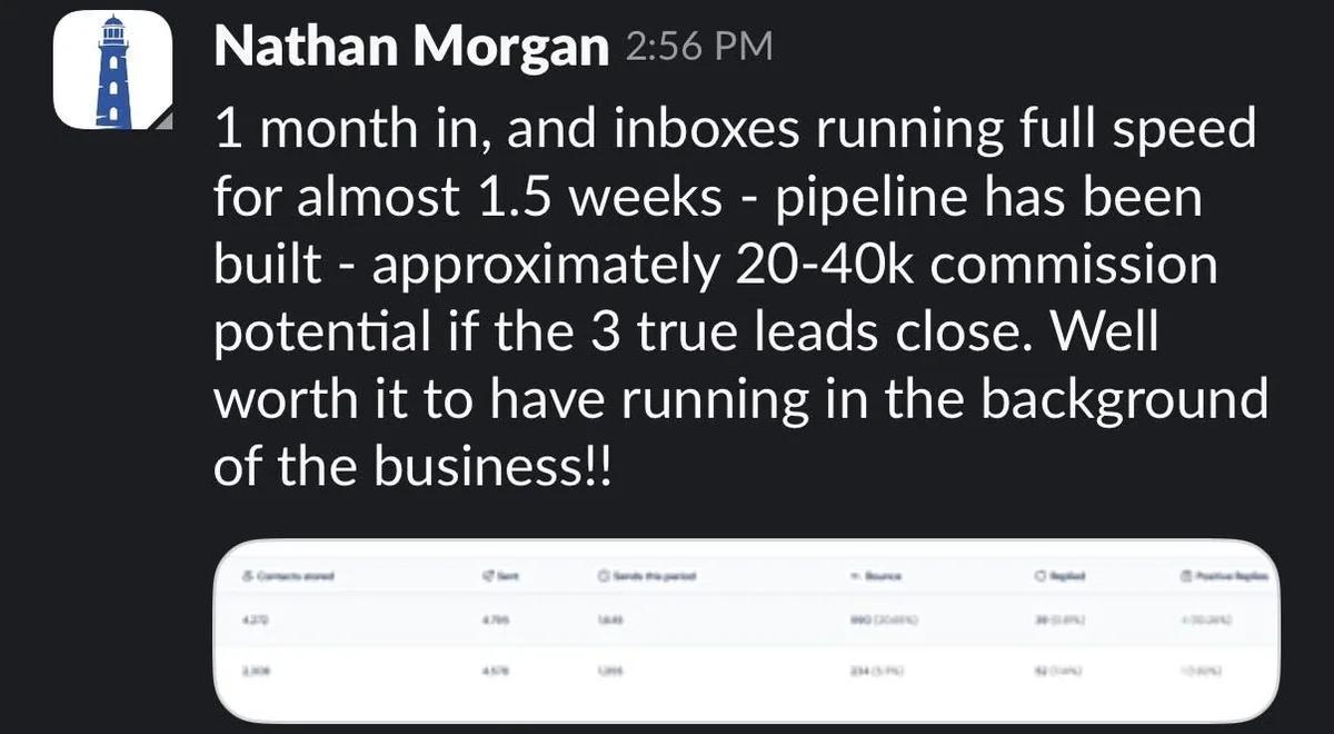 Slack screenshot from Nathan Morgan: $20-40k commission pipeline in month 1
