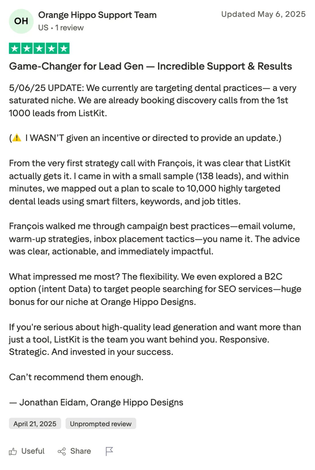 Trustpilot screenshot from Orange Hippo Support Team: Game-Changer for Lead Gen , Incredible Support & Results