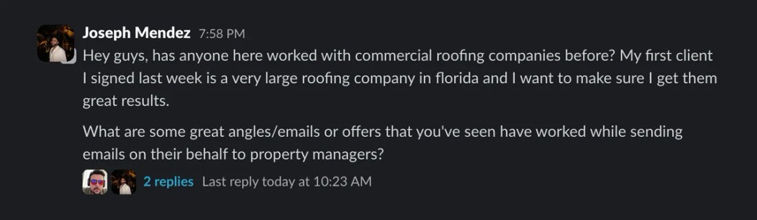 Slack screenshot from Joseph Mendez: signed a large FL commercial roofing client (from 09-22 voicemail prospect)