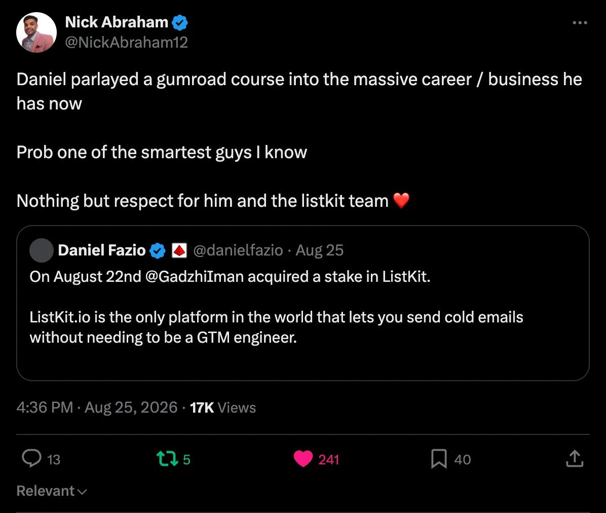 X screenshot from NickAbraham12: Nothing but respect for him and the listkit team
