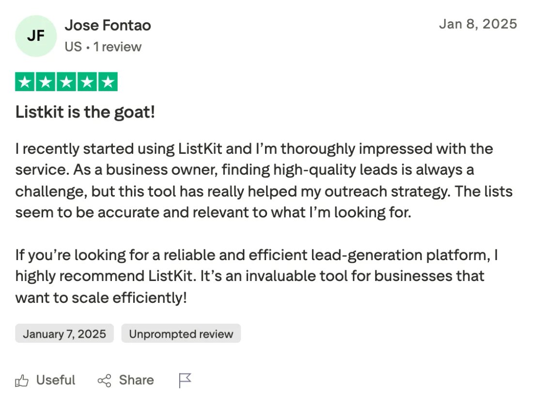 Trustpilot screenshot from Jose Fontao: Listkit is the goat!