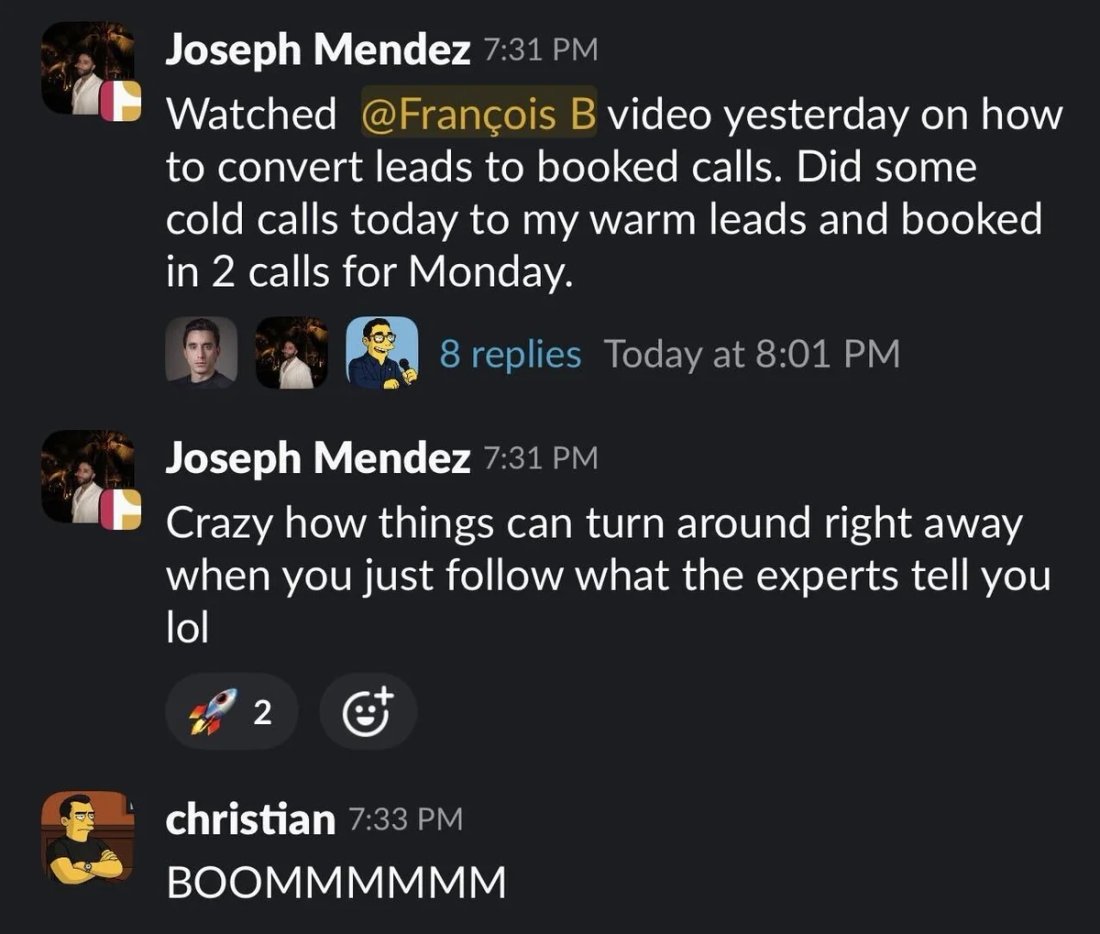 Slack screenshot from Joseph Mendez: 2 calls via calling warm leads