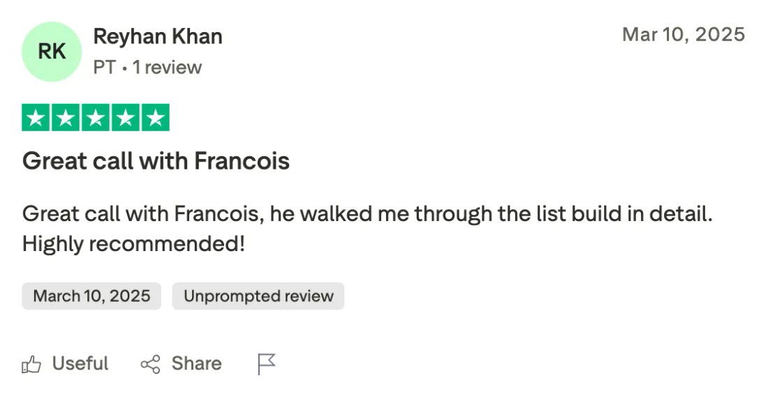 Trustpilot screenshot from Reyhan Khan: Great call with Francois