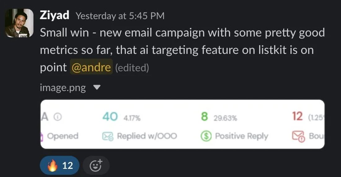 Slack screenshot from Ziyad: 8 positive (29.63% of replies) with AI targeting