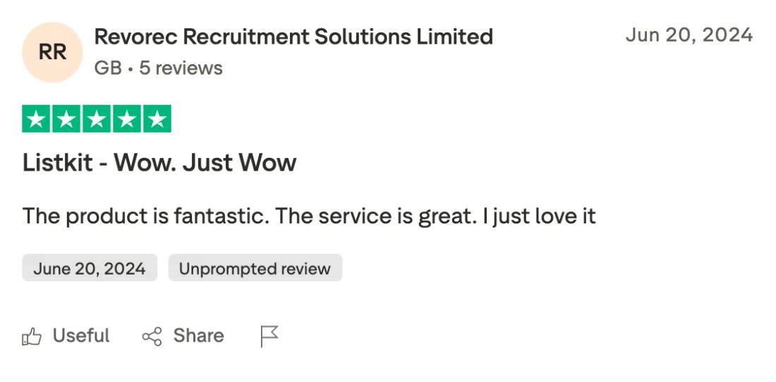 Trustpilot screenshot from Revorec Recruitment Solutions Limited: Listkit - Wow. Just Wow