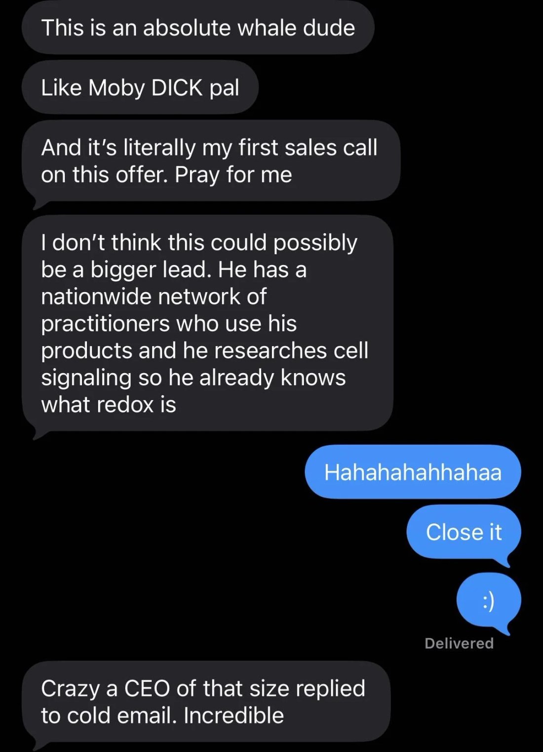 Slack screenshot from ListKit customer (shared by Christian): First sales call on a new offer booked with a CEO from cold email