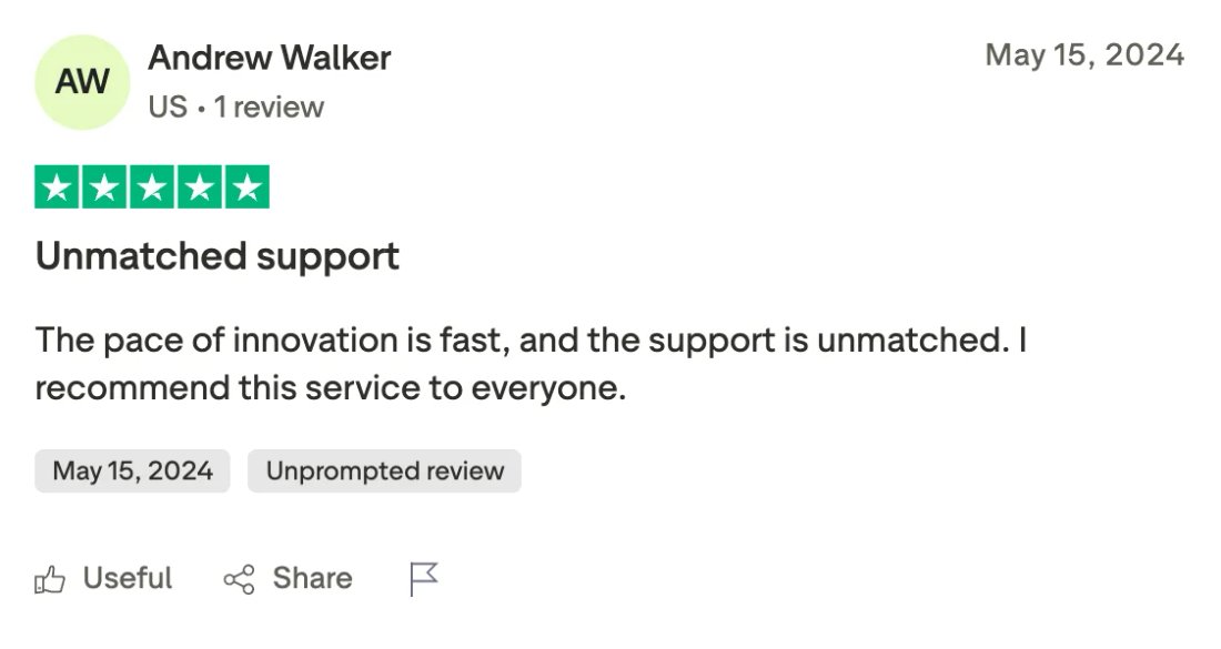 Trustpilot screenshot from Andrew Walker: Unmatched support