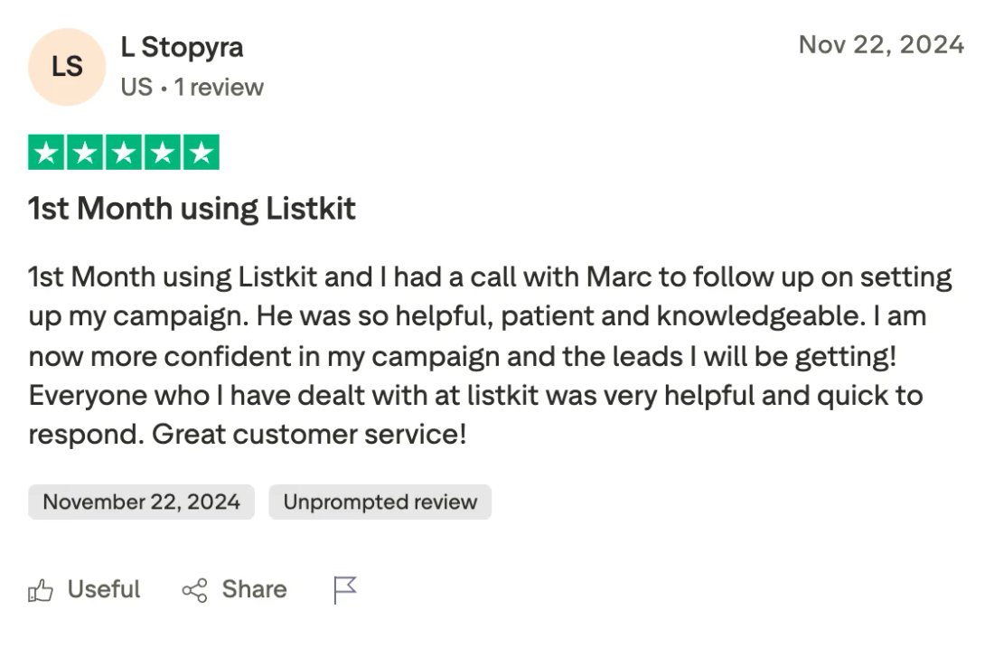 Trustpilot screenshot from L Stopyra: 1st Month using Listkit