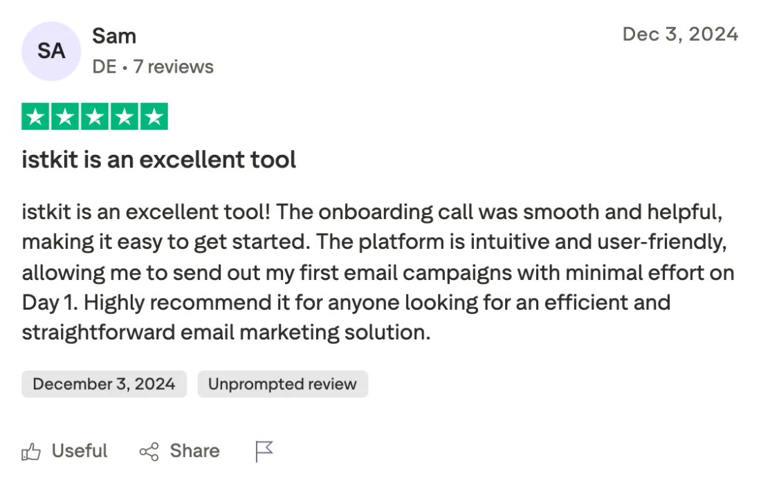 Trustpilot screenshot from Sam: istkit is an excellent tool