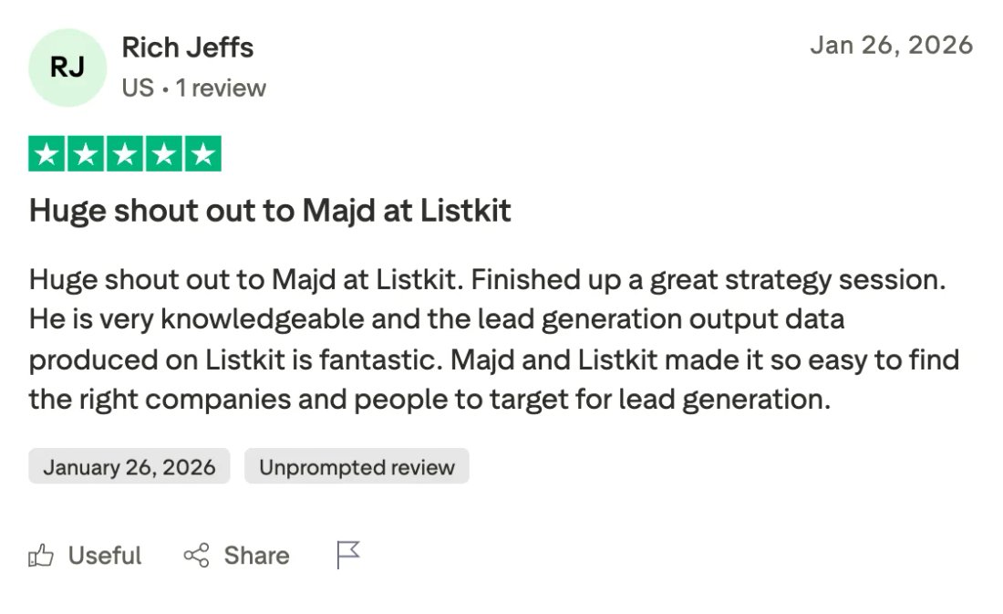 Trustpilot screenshot from Rich Jeffs: Huge shout out to Majd at Listkit