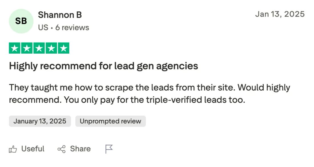 Trustpilot screenshot from Shannon B: Highly recommend for lead gen agencies