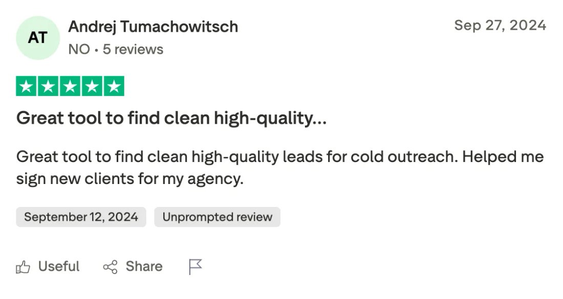 Trustpilot screenshot from Andrej Tumachowitsch: Great tool to find clean high-quality…
