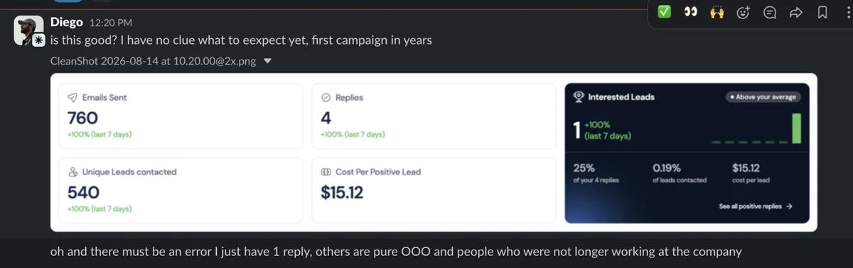 Slack screenshot from Diego: 1 interested / 760, 1st campaign in years