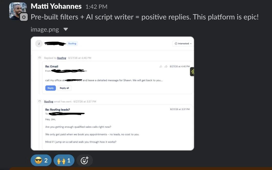 Slack screenshot from Matti Yohannes: roofing positive reply