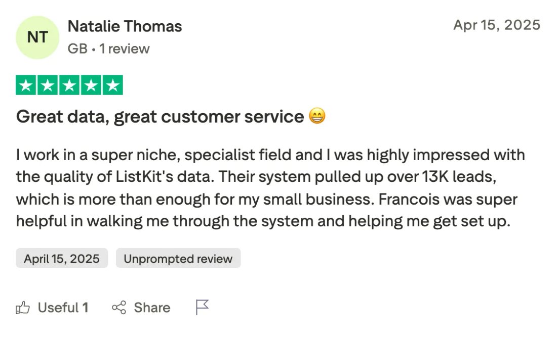 Trustpilot screenshot from Natalie Thomas: Great data, great customer service 😁