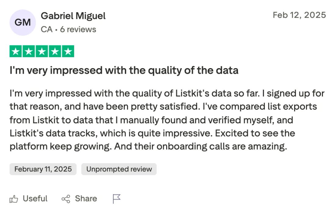 Trustpilot screenshot from Gabriel Miguel: I'm very impressed with the quality of the data