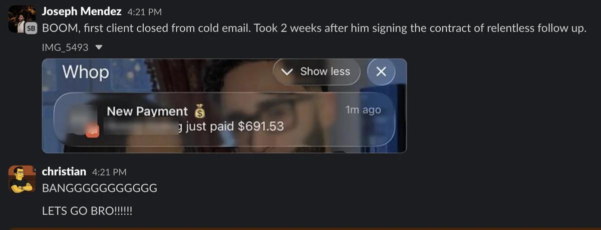Slack screenshot from Joseph Mendez: First client closed: setup fee + $250 per call