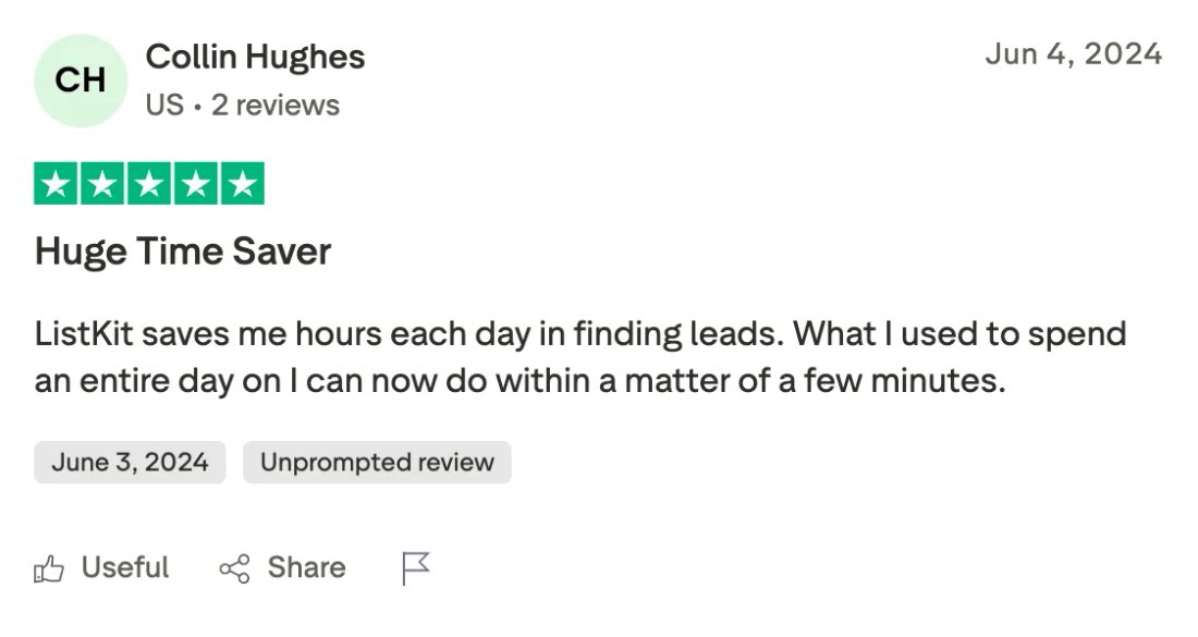 Trustpilot screenshot from Collin Hughes: Huge Time Saver