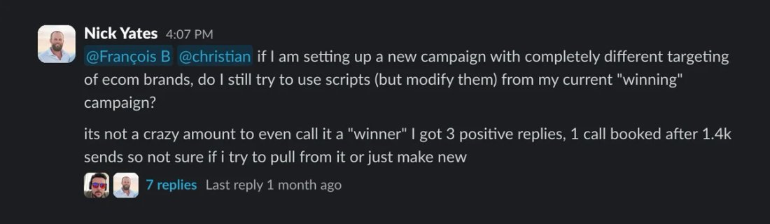 Slack screenshot from Nick Yates: 3 positive, 1 call / 1.4k sends
