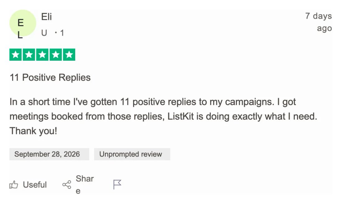 Trustpilot screenshot from Eli: 11 positive replies, meetings booked