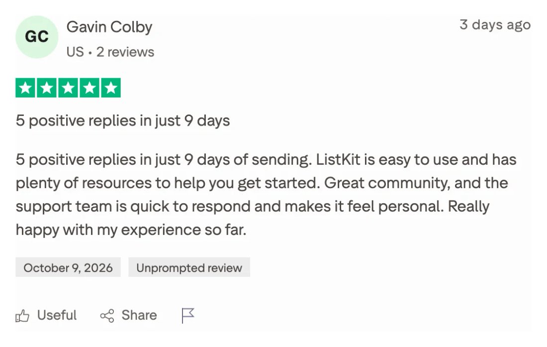 Trustpilot screenshot from Gavin Colby: 5-star Trustpilot review: 5 positive replies in 9 days of sending