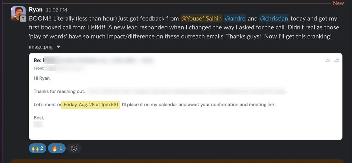 Slack screenshot from Ryan (T): 1st booked call