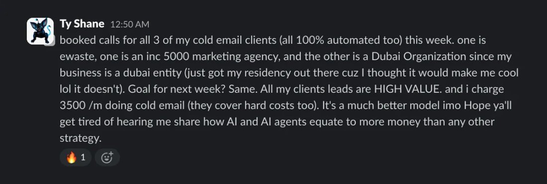 Slack screenshot from Ty Shane: calls booked for all 3 clients ($3,500/mo retainers)