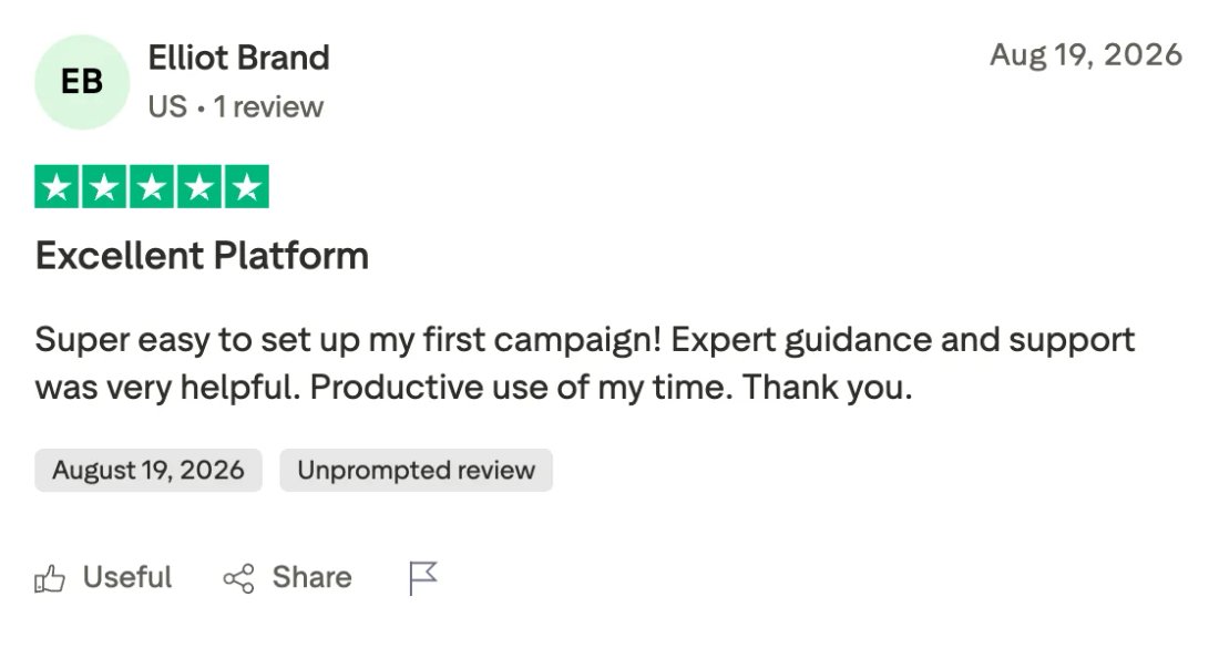 Trustpilot screenshot from Elliot Brand: Excellent Platform