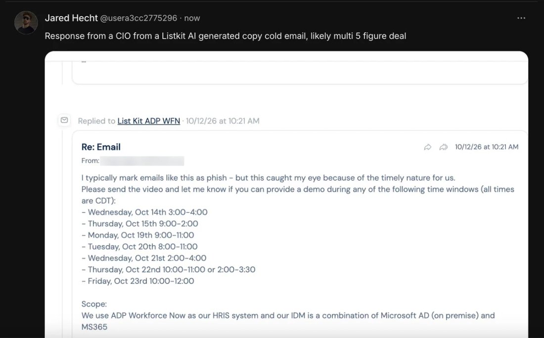 Whop community screenshot from Jared Hecht: CIO replied to ListKit AI-generated copy asking for a demo, likely a multi 5-figure deal