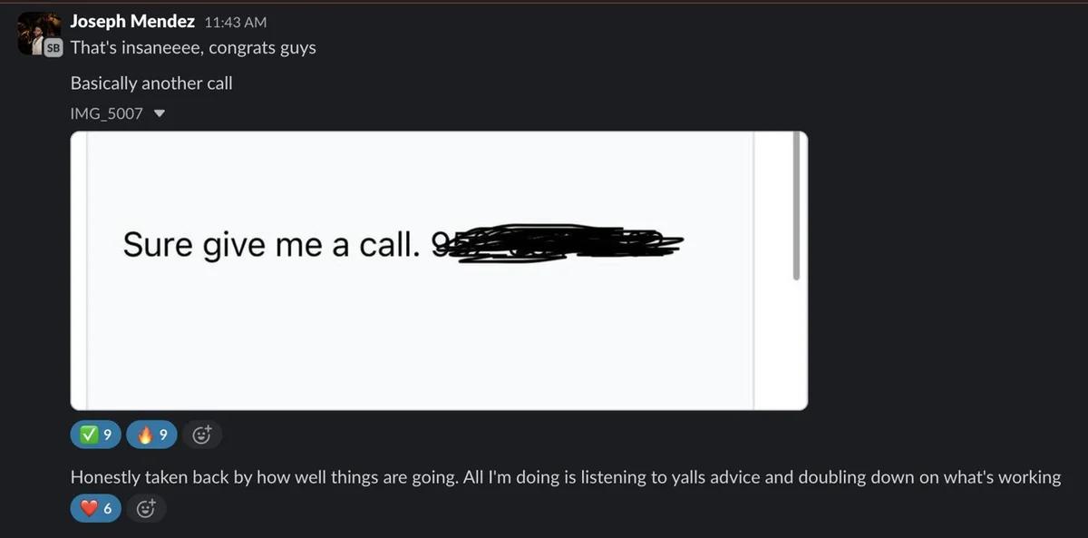 Slack screenshot from Joseph Mendez: another call