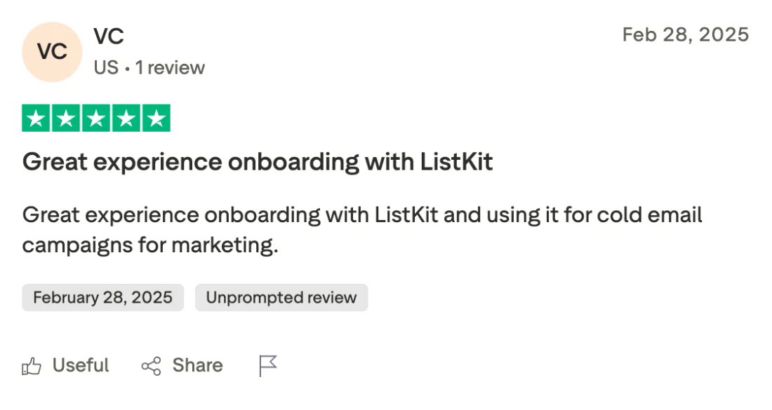 Trustpilot screenshot from VC: Great experience onboarding with ListKit