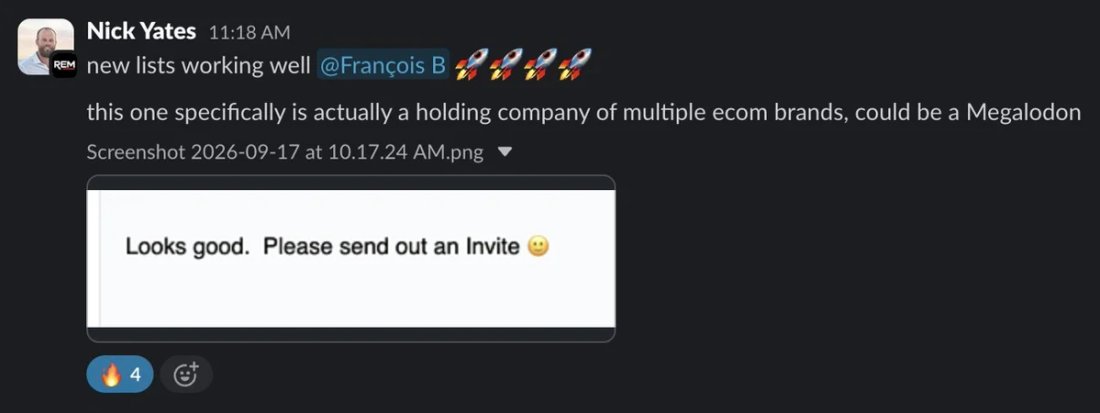 Slack screenshot from Nick Yates: ecom holding company wants a call
