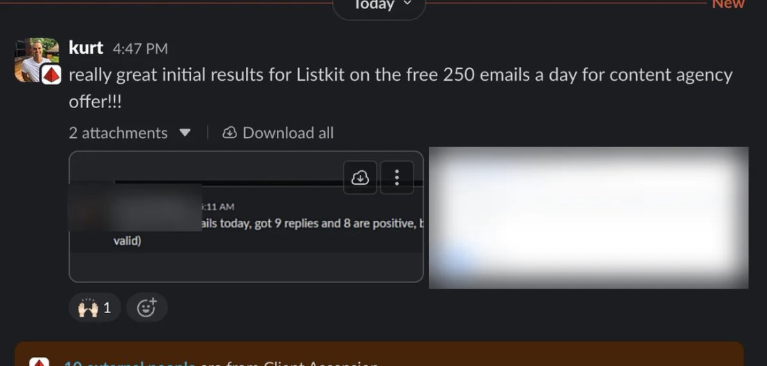 Slack screenshot from kurt: 8 positive replies from 170 emails on day one of the free 250 emails a day offer
