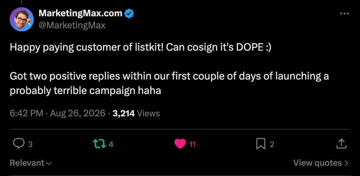 X screenshot from MarketingMax: 2 positive replies in the first couple of days