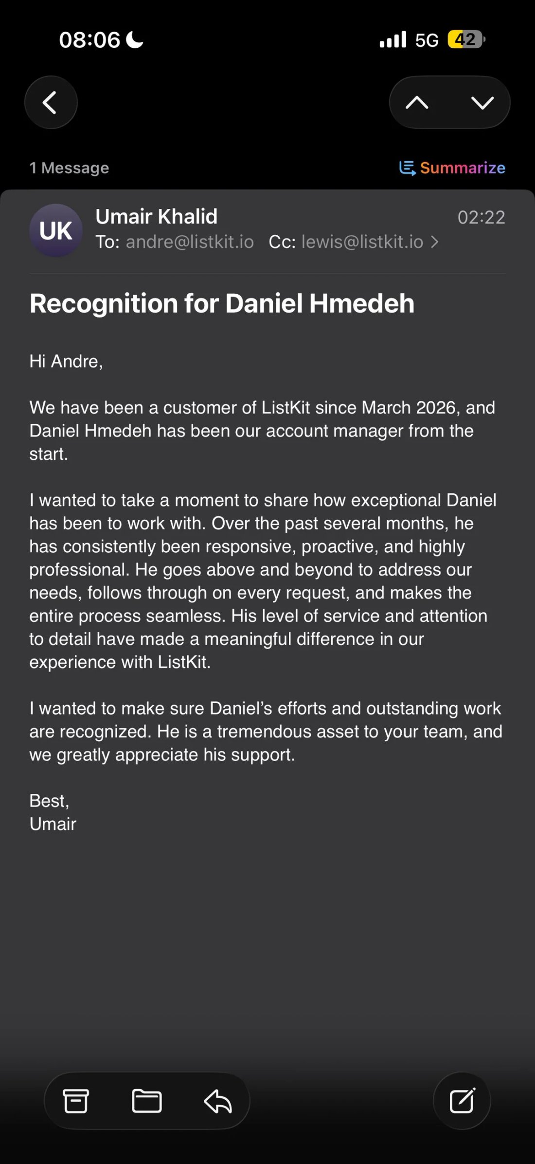 Slack screenshot from Umair Khalid: praise for account manager