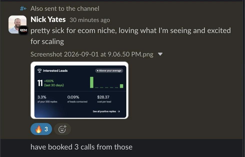 Slack screenshot from Nick Yates: 11 interested, 3 calls (ecom)
