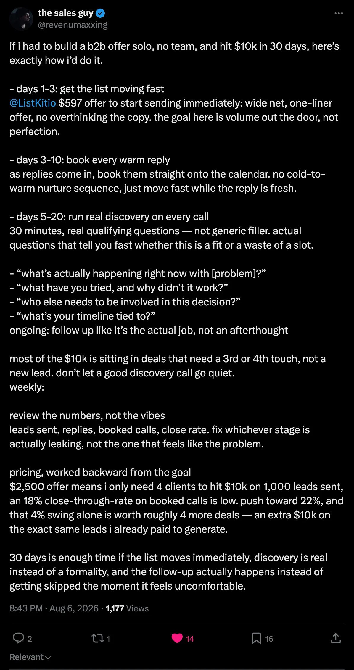 X screenshot from revenumaxxing: if i had to build a b2b offer solo... hit $10k in 30 days... @ListKitio $597 offer to star
