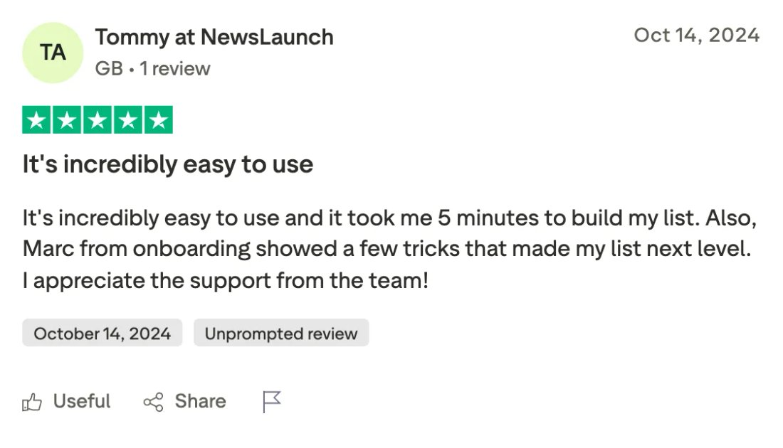 Trustpilot screenshot from Tommy at NewsLaunch: It's incredibly easy to use