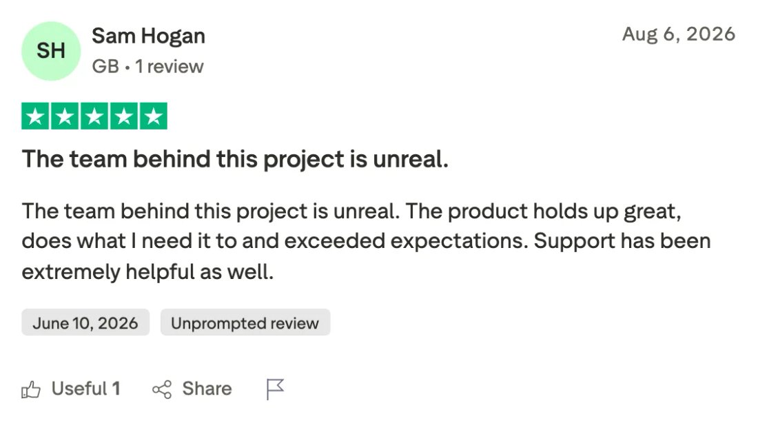 Trustpilot screenshot from Sam Hogan: The team behind this project is unreal.