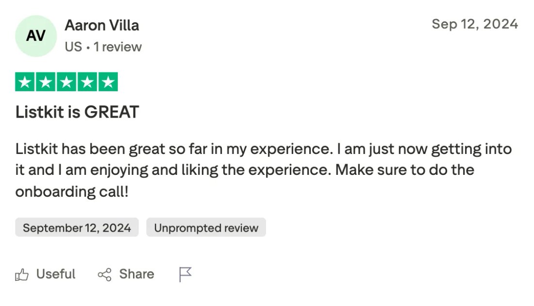 Trustpilot screenshot from Aaron Villa: Listkit is GREAT