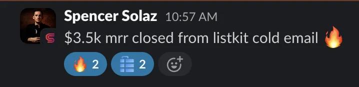 Slack screenshot from Spencer Solaz: $3.5k MRR closed