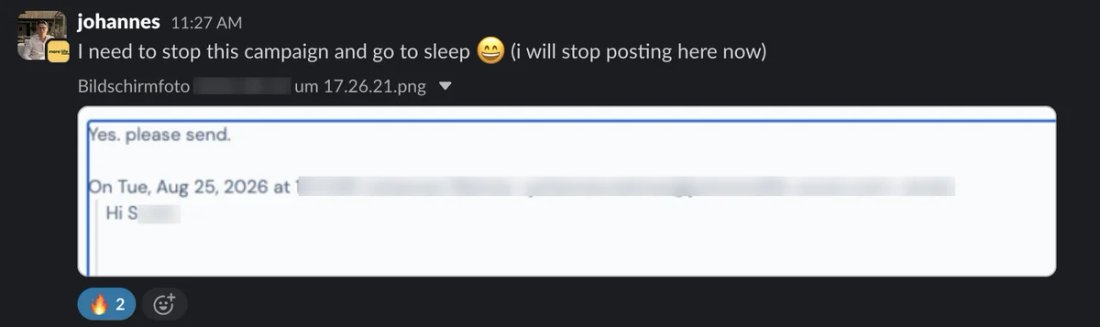 Slack screenshot from Johannes Weimar: "Yes. please send." reply