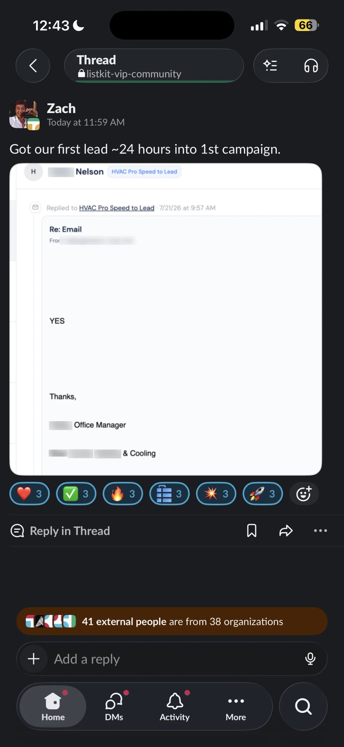 Slack screenshot from Zach: 1st lead ~24h into campaign