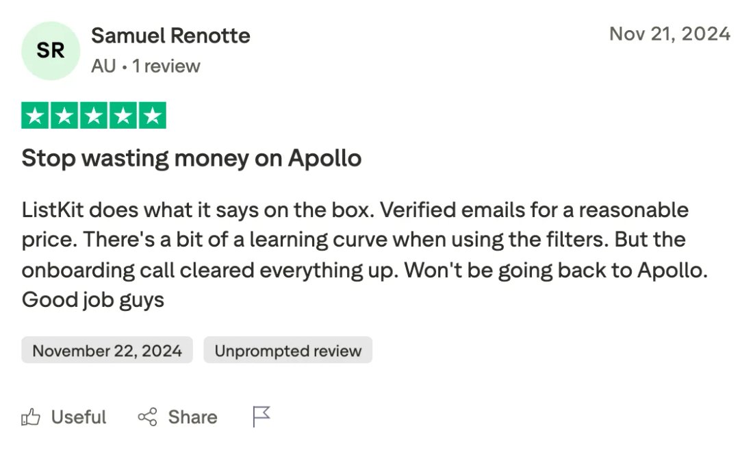 Trustpilot screenshot from Samuel Renotte: Stop wasting money on Apollo